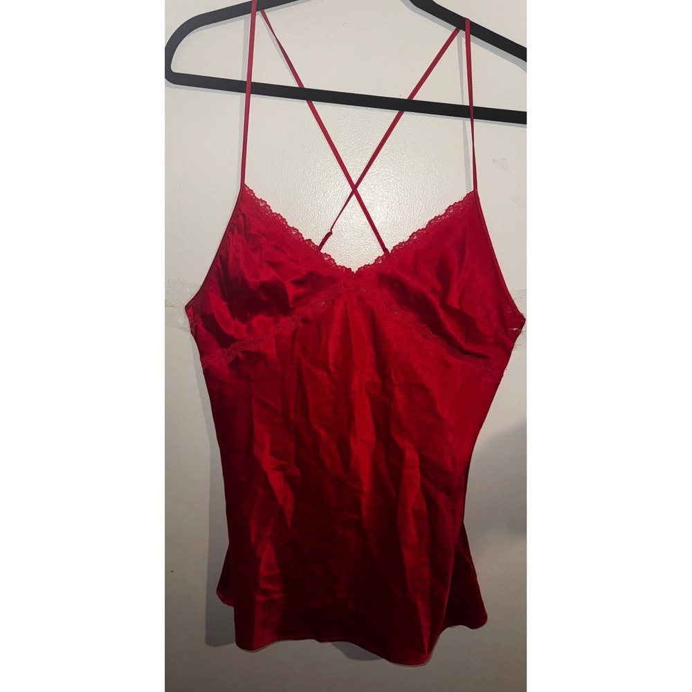 Y2K Victorias Secret S Red Satin Lace Trim Camisole Cross Back Strappy Tank Top